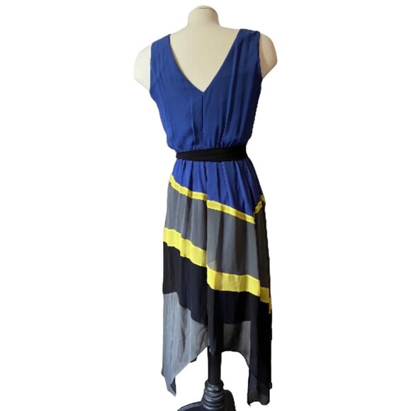 Max and Cleo Sheer Asymmetrical Dress Sz 4 (Small) Striped Blue, Yellow, & Gray - Picture 3 of 15